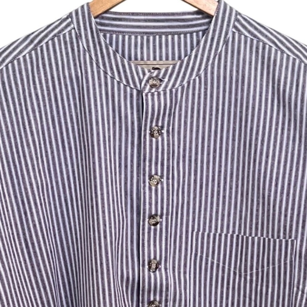 Lee Valley Ireland Blue Red Striped Band Collar Button Down Grandpa Shirt XXL